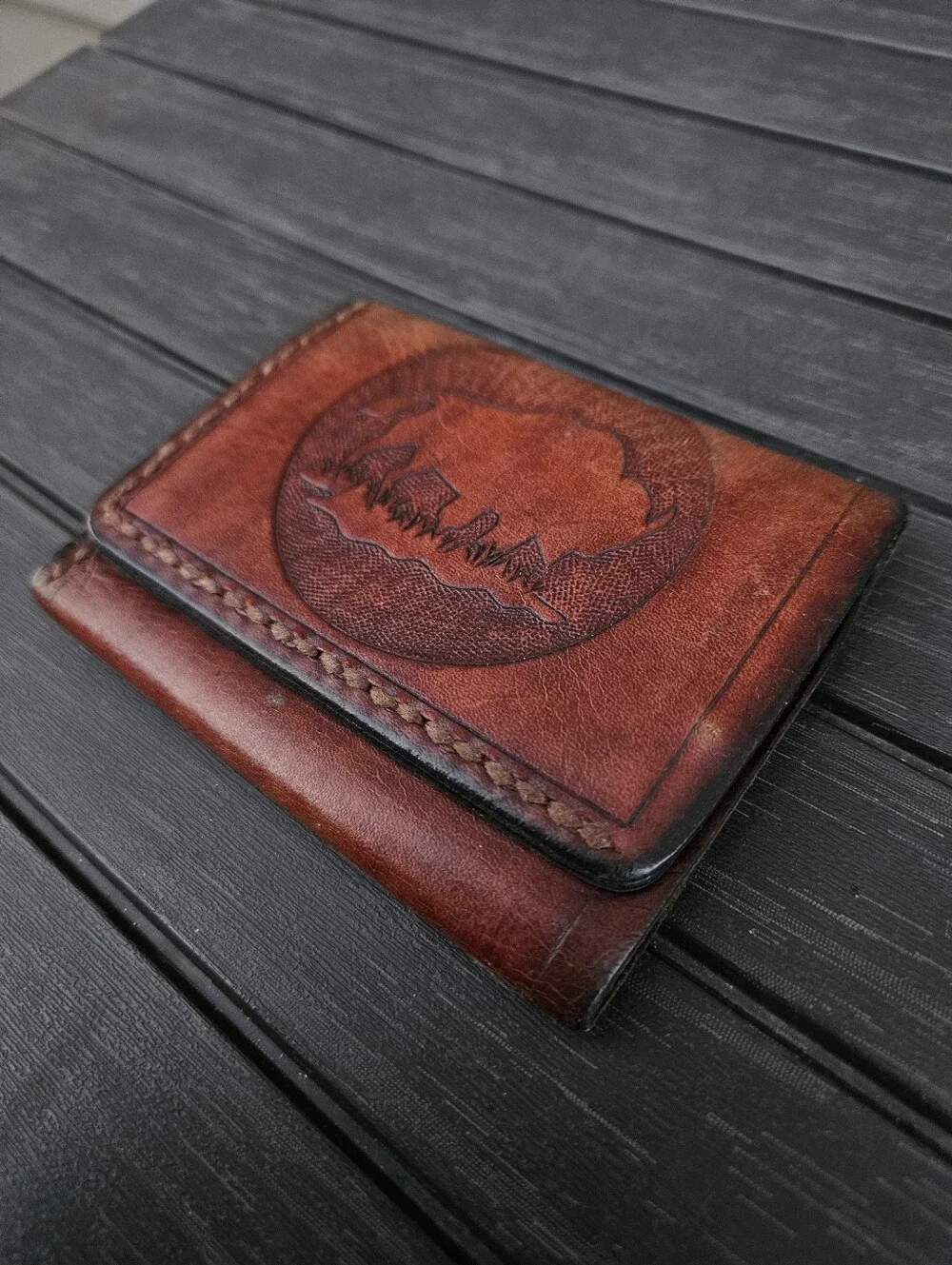 Vintage Mens Leather Trifold Wallet Tooled Bison Buffalo Western Cowboy Rustic